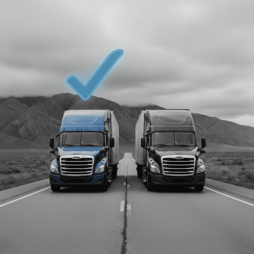Trucks on road with verification checkmark